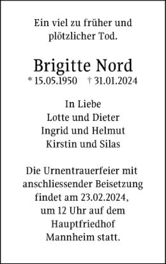 Traueranzeige von Brigitte Nord von Mannheimer Morgen