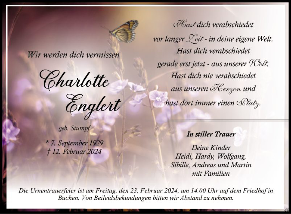  Traueranzeige für Charlotte Englert vom 17.02.2024 aus Fränkische Nachrichten