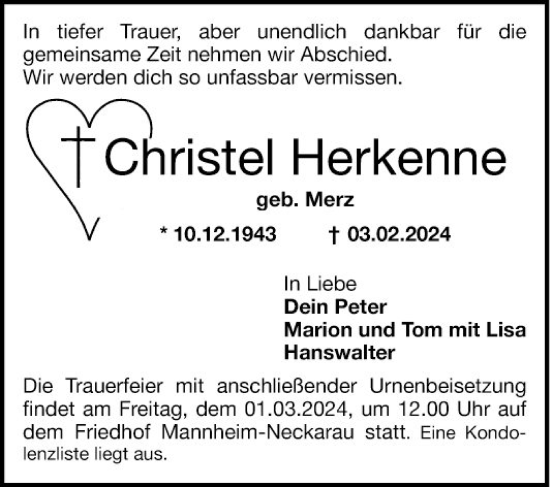 Traueranzeige von Christel Herkenne von Mannheimer Morgen