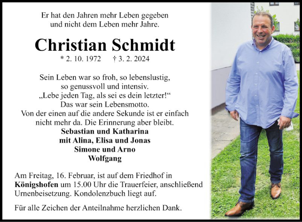  Traueranzeige für Christian Schmidt vom 10.02.2024 aus Fränkische Nachrichten