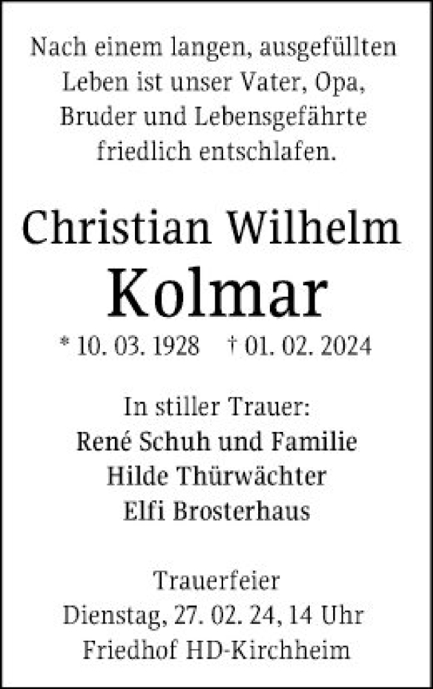  Traueranzeige für Christian Wilhelm Kolmar vom 24.02.2024 aus Mannheimer Morgen