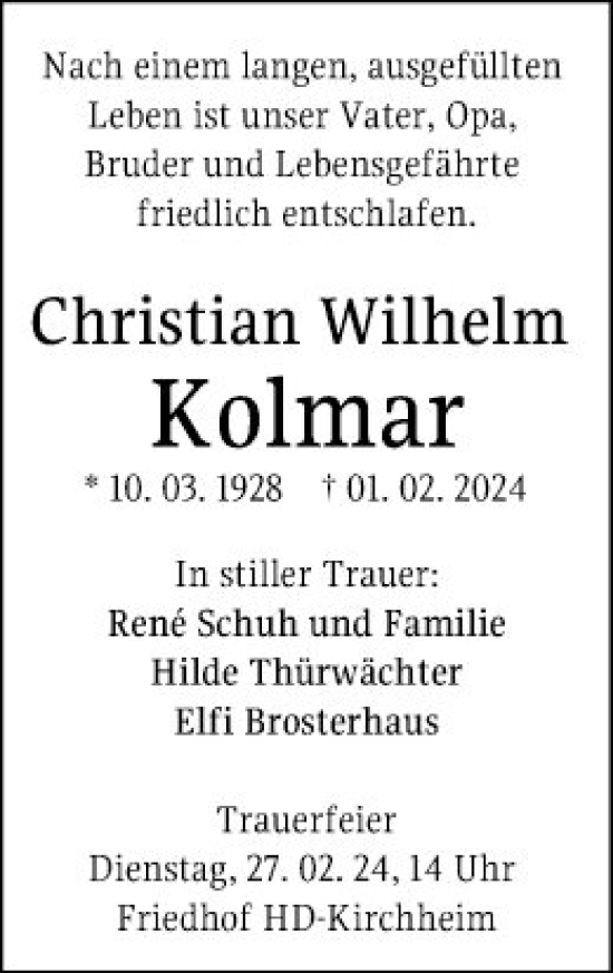 Traueranzeige von Christian Wilhelm Kolmar von Mannheimer Morgen