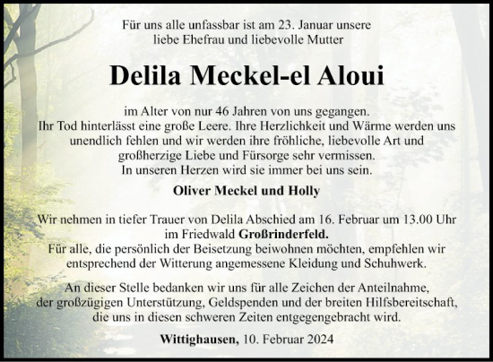 Traueranzeige von Delila Meckel-el Aloui von Fränkische Nachrichten