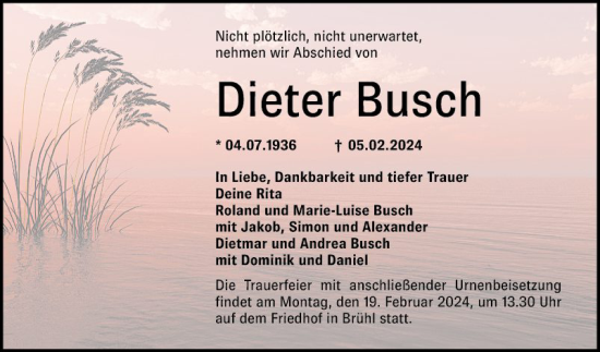 Traueranzeige von Dieter Busch von Schwetzinger Zeitung