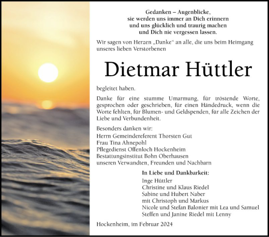 Traueranzeige von Dietmar Hüttler von Schwetzinger Zeitung