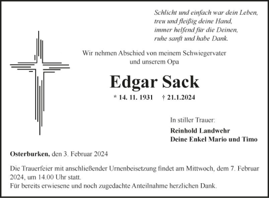Traueranzeige von Edgar Sack von Fränkische Nachrichten