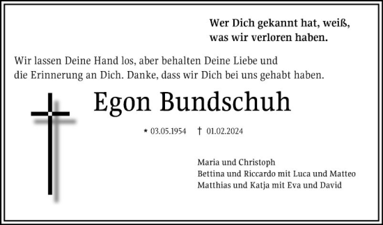 Traueranzeige von Egon Bundschuh von Mannheimer Morgen