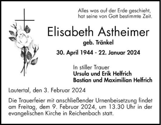 Traueranzeige von Elisabeth Astheimer von Bergsträßer Anzeiger