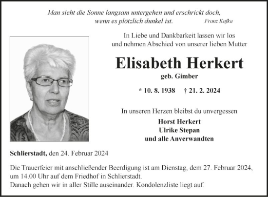 Traueranzeige von Elisabeth Herkert von Fränkische Nachrichten