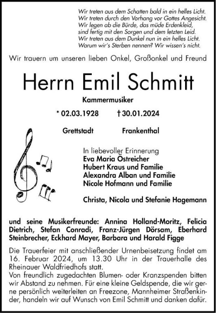  Traueranzeige für Emil Schmitt vom 10.02.2024 aus Mannheimer Morgen