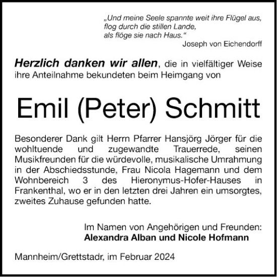 Traueranzeige von Emil Schmitt von Mannheimer Morgen