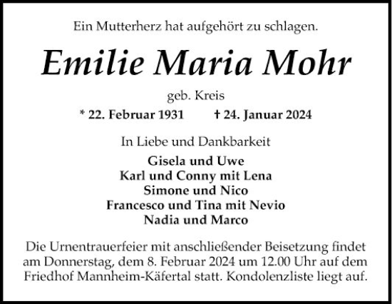 Traueranzeige von Emilie Maria Mohr von Mannheimer Morgen