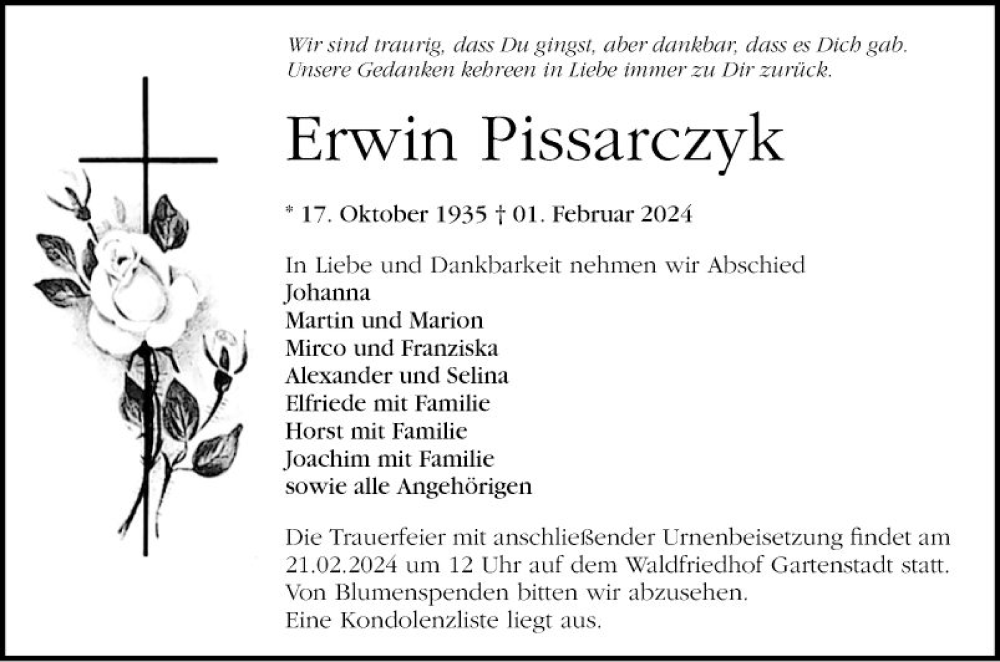  Traueranzeige für Erwin Pissarczyk vom 17.02.2024 aus Mannheimer Morgen