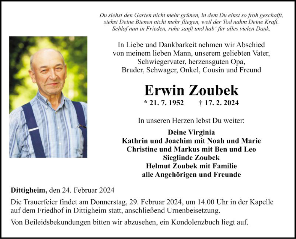  Traueranzeige für Erwin Zoubek vom 24.02.2024 aus Fränkische Nachrichten