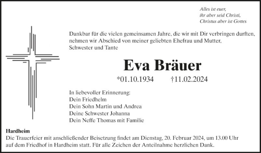  Traueranzeige für Eva Bräuer vom 15.02.2024 aus Fränkische Nachrichten