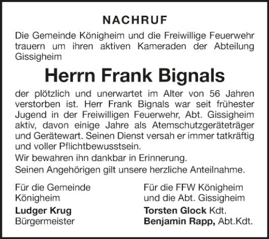 Traueranzeige von Frank Bignals von Fränkische Nachrichten