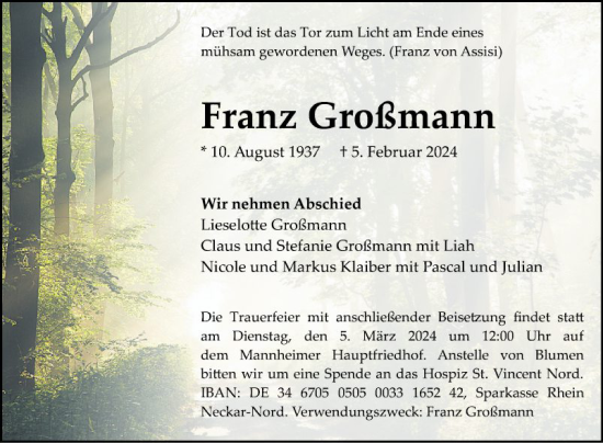Traueranzeige von Franz Großmann von Mannheimer Morgen