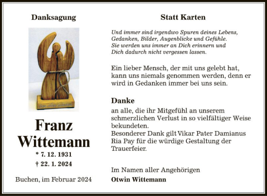 Traueranzeige von Franz Wittemann von Fränkische Nachrichten