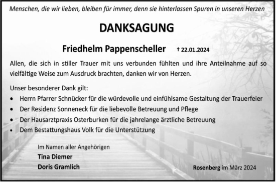 Traueranzeige von Friedhelm Pappenscheller von Fränkische Nachrichten