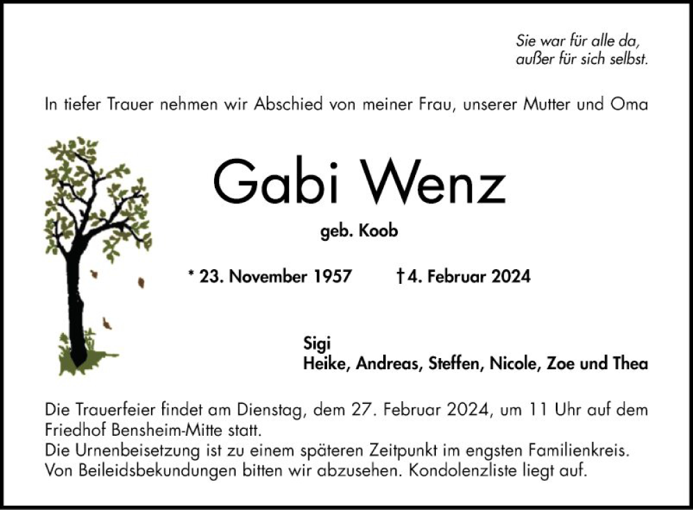  Traueranzeige für Gabi Wenz vom 24.02.2024 aus Bergsträßer Anzeiger