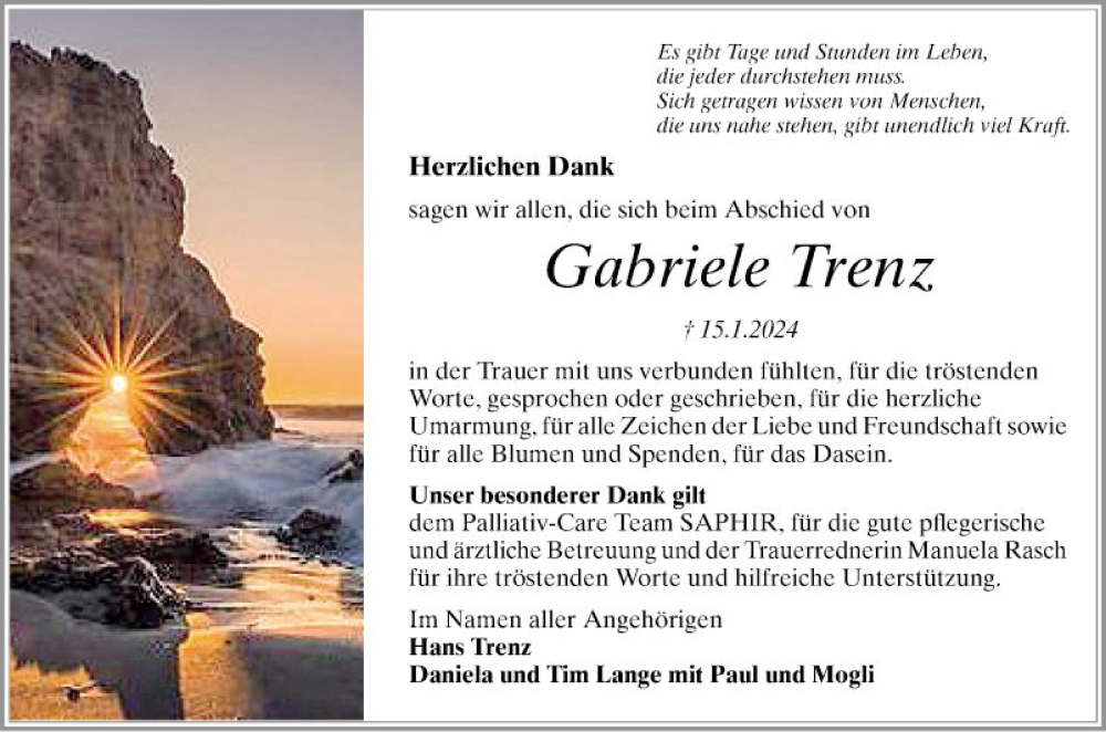  Traueranzeige für Gabriele Trenz vom 24.02.2024 aus Schwetzinger Zeitung