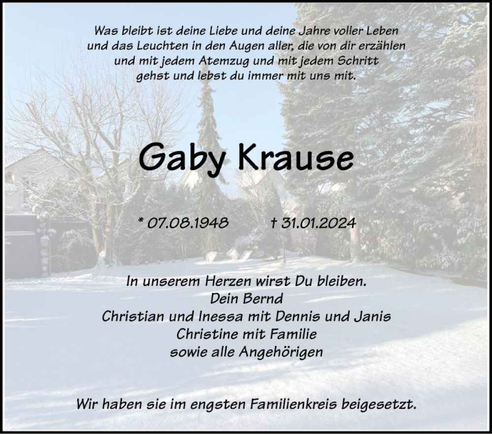  Traueranzeige für Gaby Krause vom 17.02.2024 aus Schwetzinger Zeitung