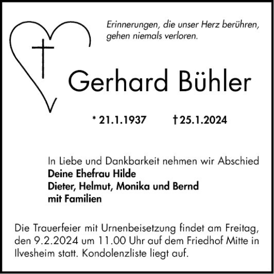 Traueranzeige von Gerhard Bühler von Mannheimer Morgen