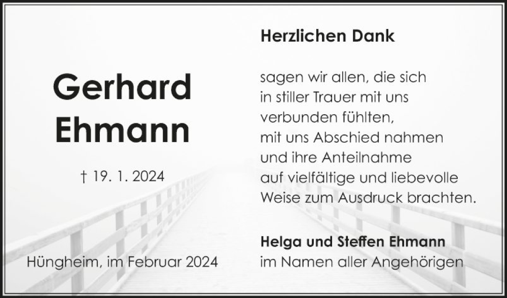  Traueranzeige für Gerhard Ehmann vom 10.02.2024 aus Fränkische Nachrichten