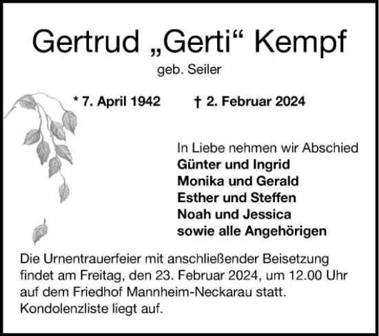 Traueranzeige von Gertrud  Kempf von Mannheimer Morgen