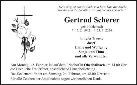 Traueranzeige von Gertrud Scherer von Fränkische Nachrichten