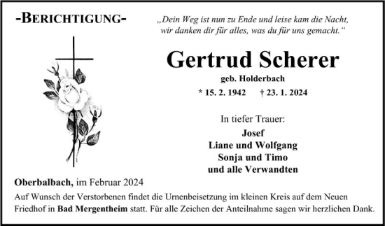 Traueranzeige von Gertrud Scherer von Fränkische Nachrichten