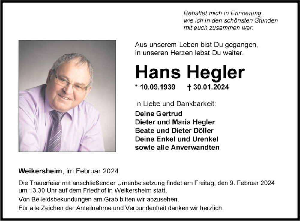  Traueranzeige für Hans Hegler vom 06.02.2024 aus Fränkische Nachrichten