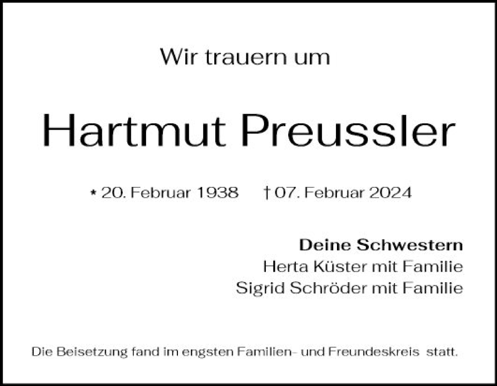  Traueranzeige für Hartmut Preussler vom 24.02.2024 aus Mannheimer Morgen