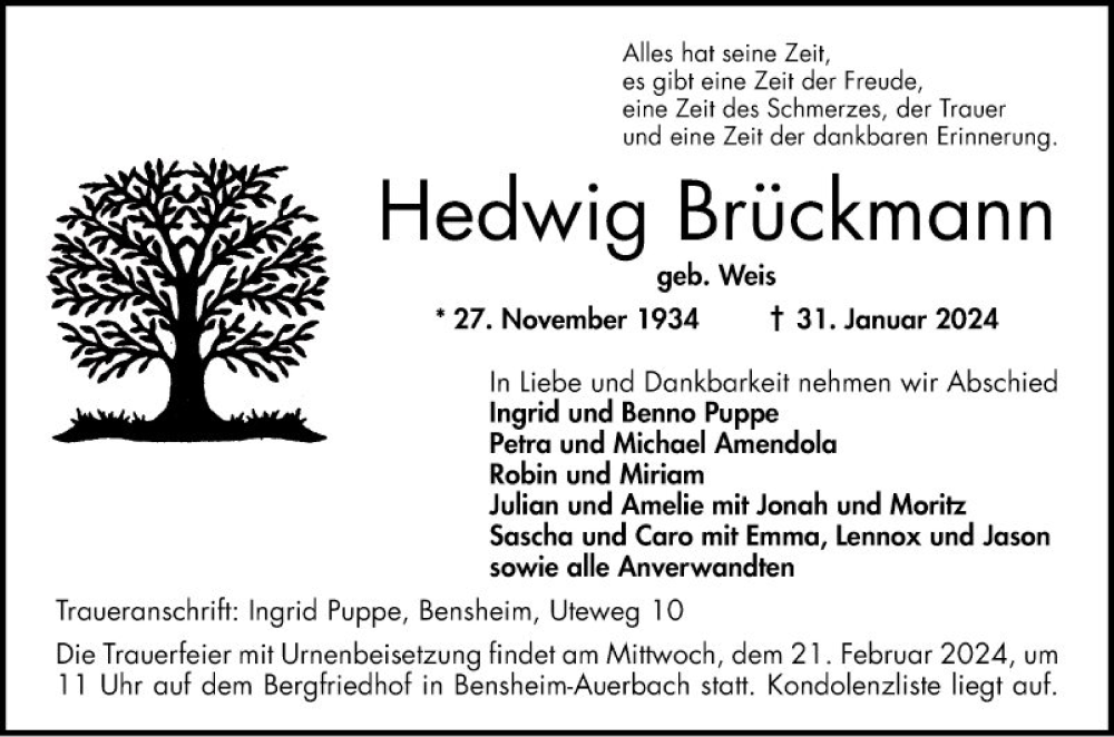  Traueranzeige für Hedwig Brückmann vom 17.02.2024 aus Bergsträßer Anzeiger