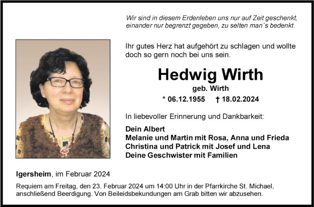  Traueranzeige für Hedwig Wirth vom 21.02.2024 aus Fränkische Nachrichten