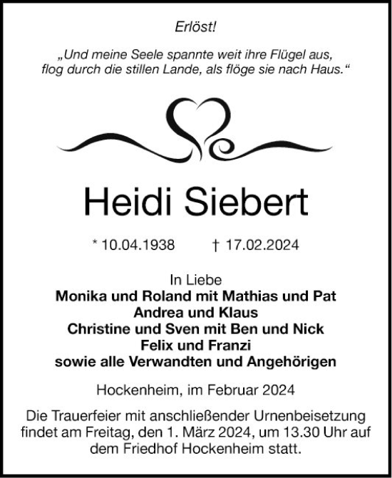 Traueranzeige von Heidi Siebert von Schwetzinger Zeitung