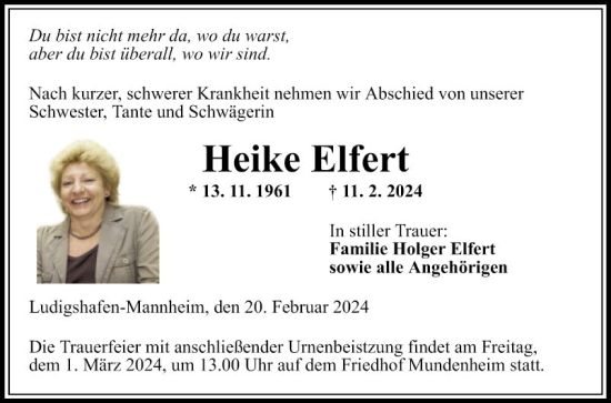 Traueranzeige von Heike Elfert von Mannheimer Morgen