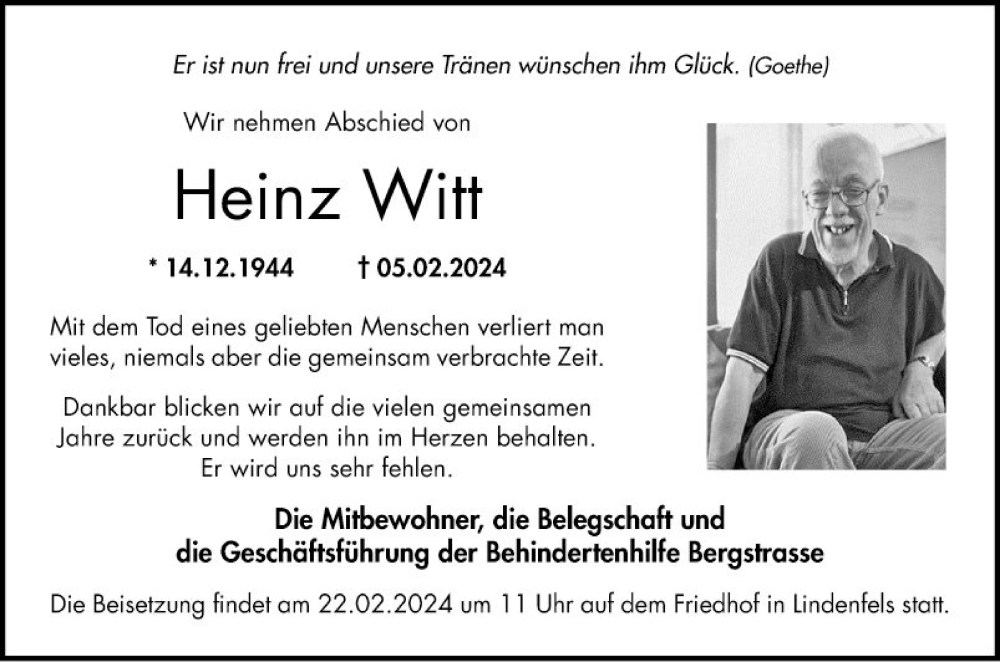  Traueranzeige für Heinz Witt vom 17.02.2024 aus Bergsträßer Anzeiger