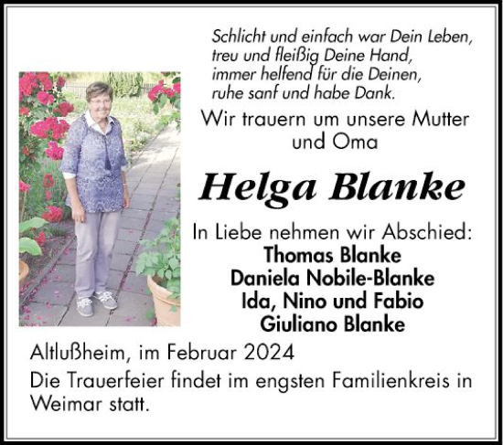 Traueranzeige von Helga Blanke von Schwetzinger Zeitung