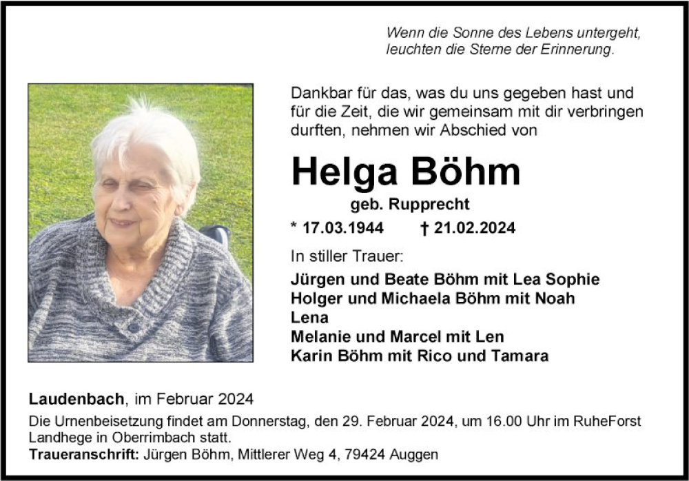  Traueranzeige für Helga Böhm vom 27.02.2024 aus Fränkische Nachrichten