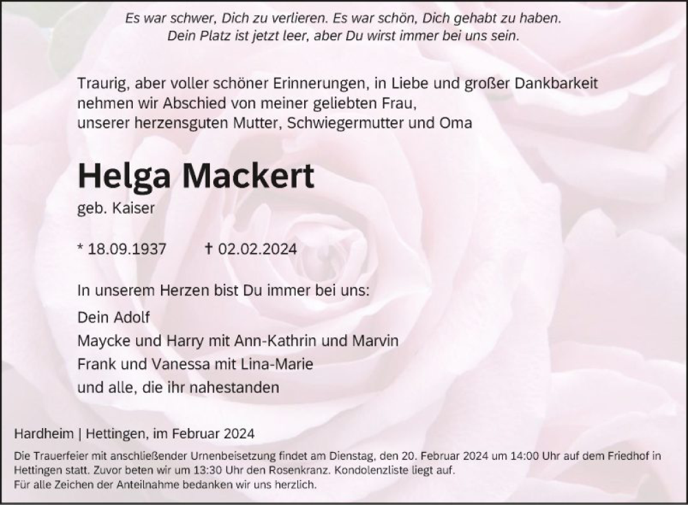  Traueranzeige für Helga Mackert vom 17.02.2024 aus Fränkische Nachrichten