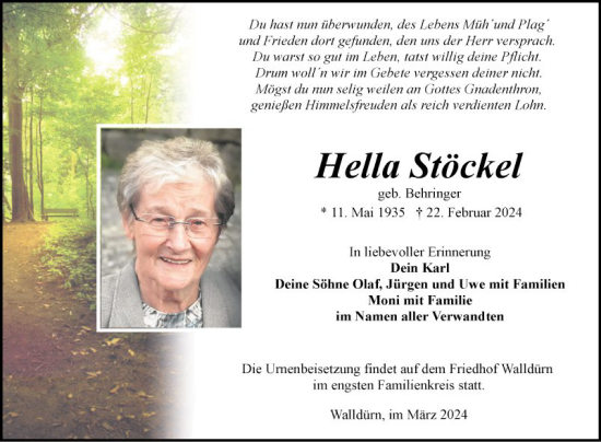 Traueranzeige von Hella Stöckel von Fränkische Nachrichten