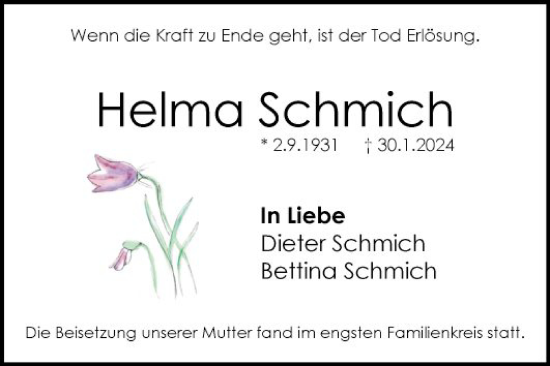 Traueranzeige von Helma Schmich von Mannheimer Morgen