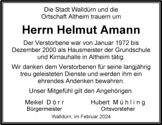 Traueranzeige von Helmut Amann von Fränkische Nachrichten