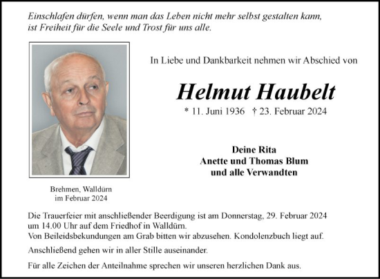 Traueranzeige von Helmut Haubelt von Fränkische Nachrichten