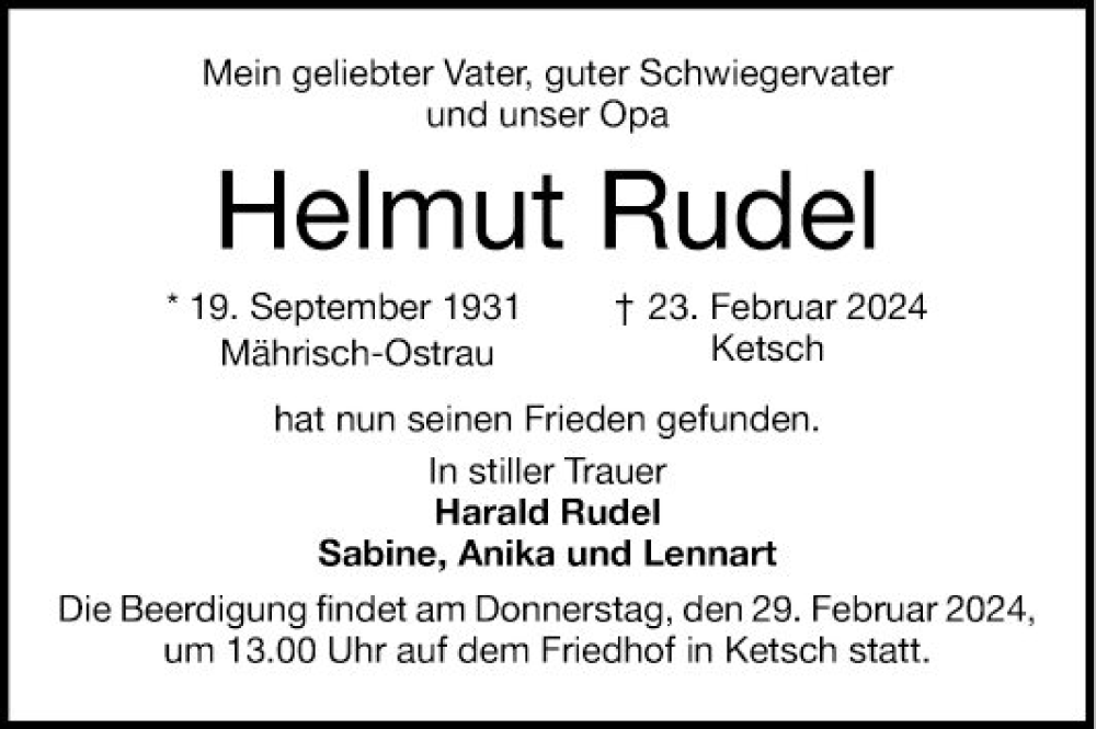  Traueranzeige für Helmut Rudel vom 27.02.2024 aus Schwetzinger Zeitung