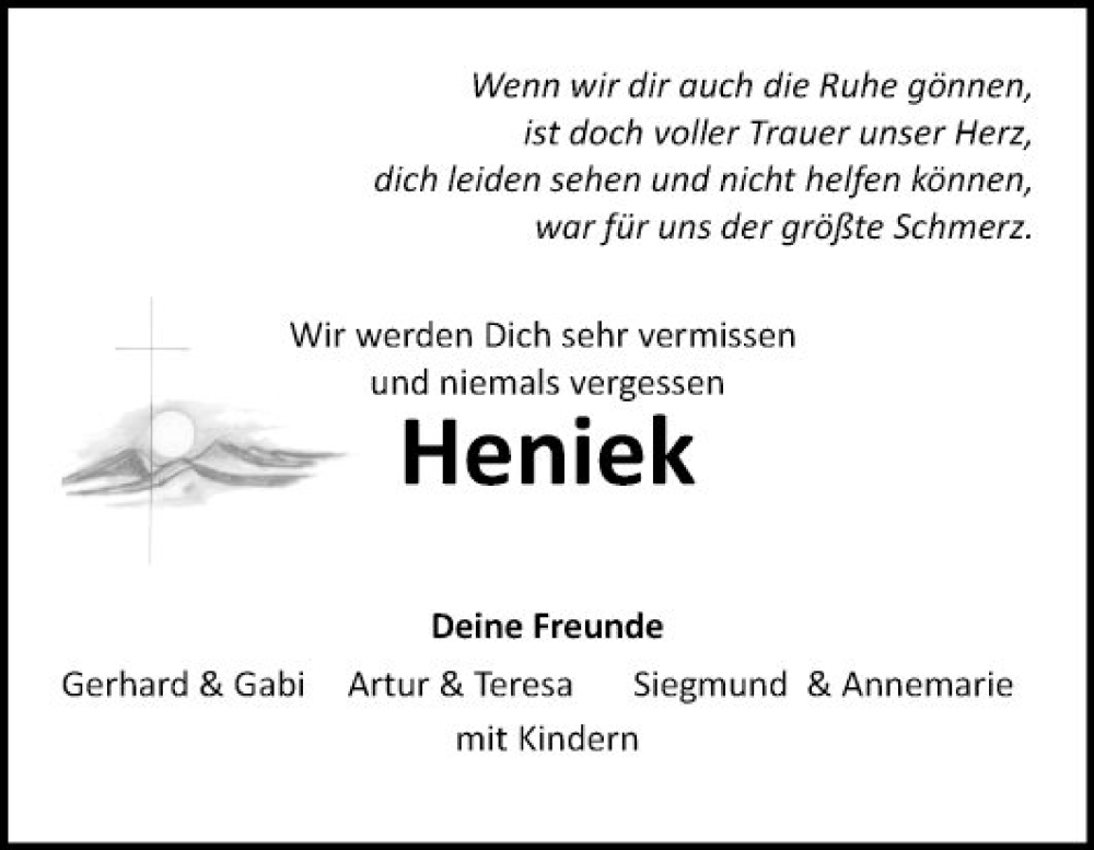  Traueranzeige für Heniek  vom 08.02.2024 aus Fränkische Nachrichten