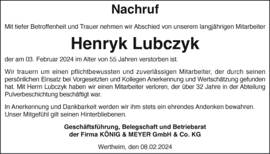 Traueranzeige von Henryk Lubczyk von Fränkische Nachrichten