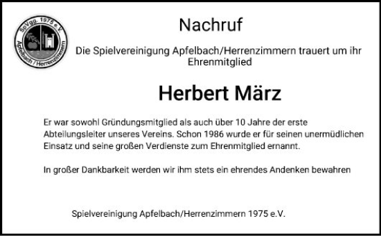 Traueranzeige von Herbert März von Fränkische Nachrichten