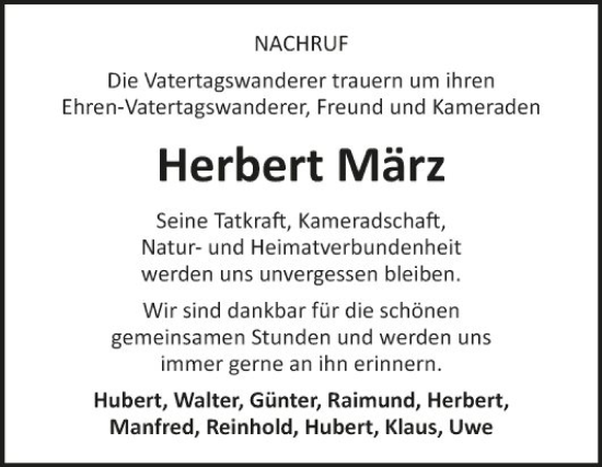 Traueranzeige von Herbert März von Fränkische Nachrichten